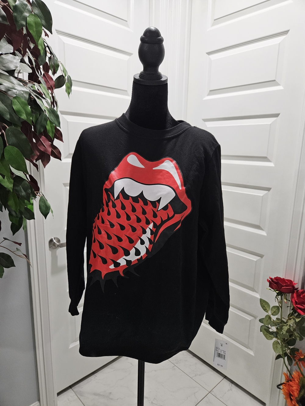 the Rolling Stones Black Kids Long Sleeve Sweatshirt with Red Lip Graphic